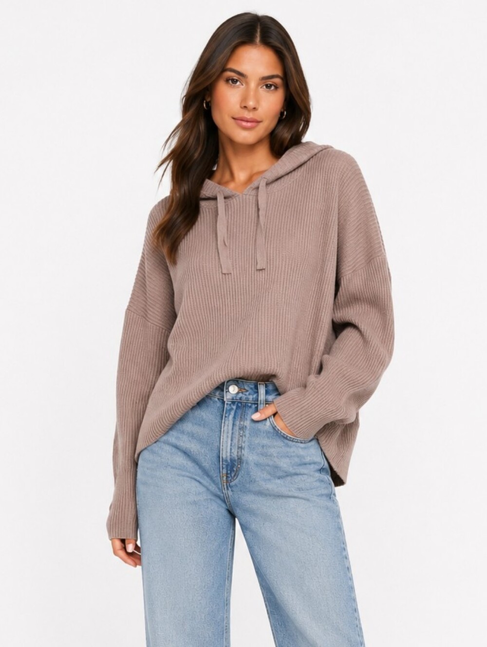 Molly Bracken taupe ribbed knit hooded oversized jumper sweater size M